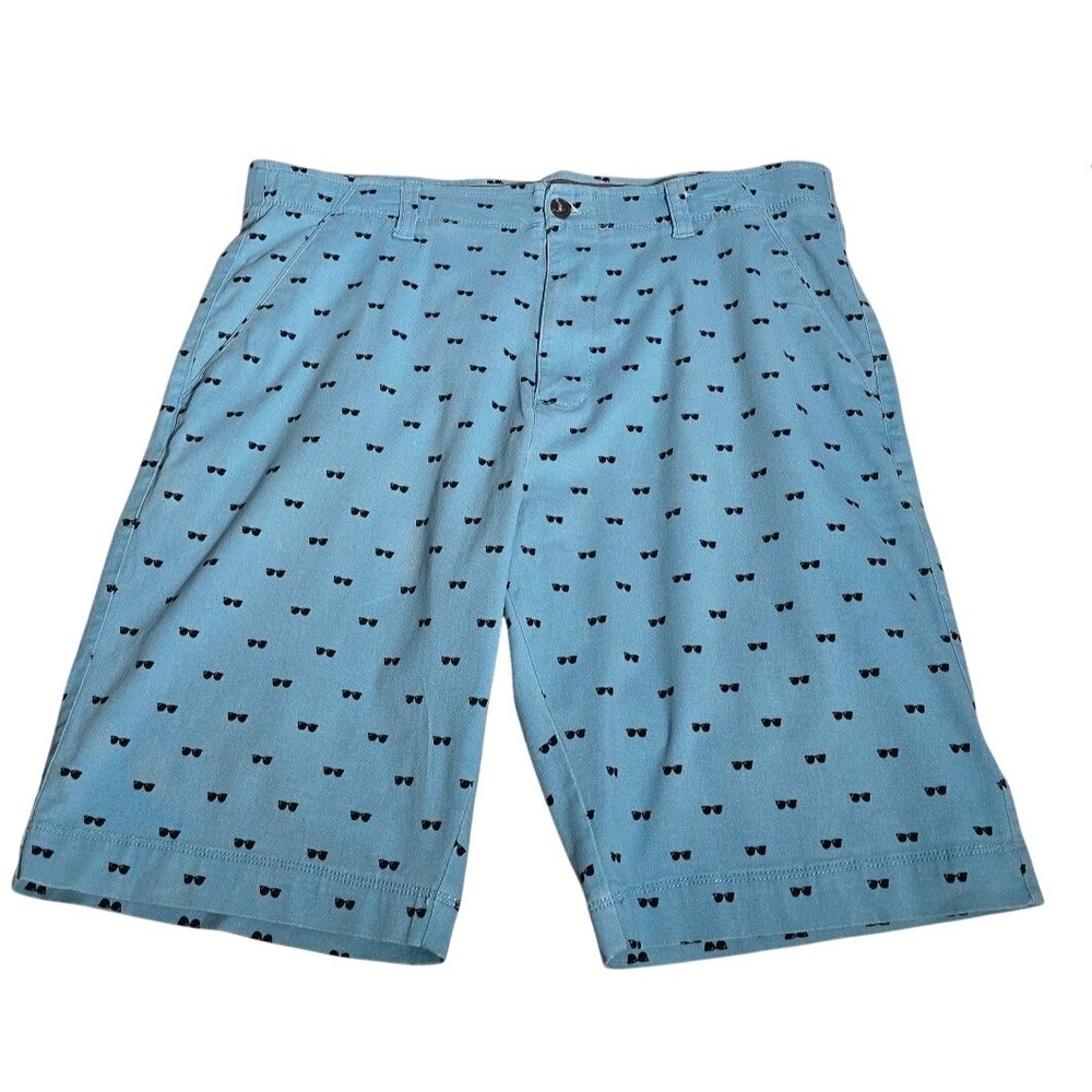 Free Planet Mens Blue Sunglasses Print Chino Shorts Size 36 Stretch Summer Fun